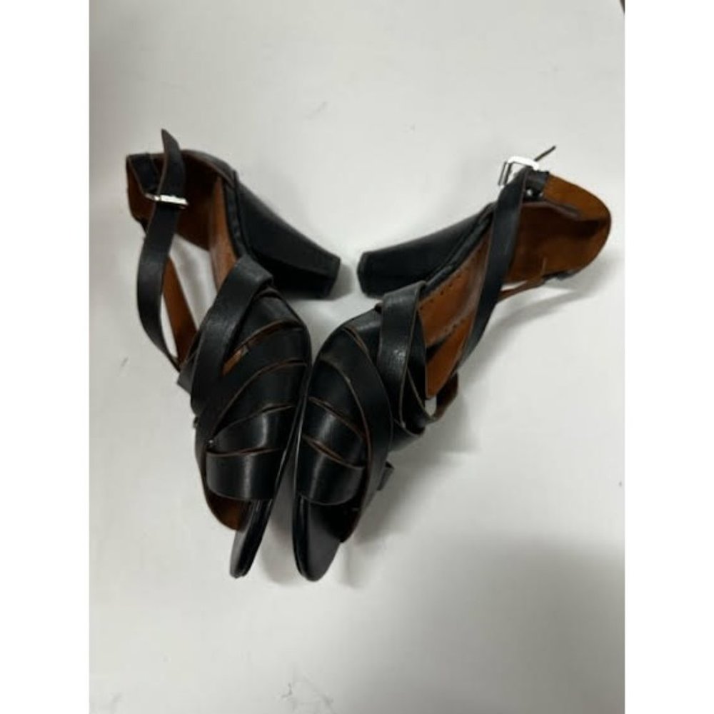 Ann Taylor Loft Women's Black Leather Strappy Chunky Cone Heel Sandals Size 7 - Picture 7 of 8
